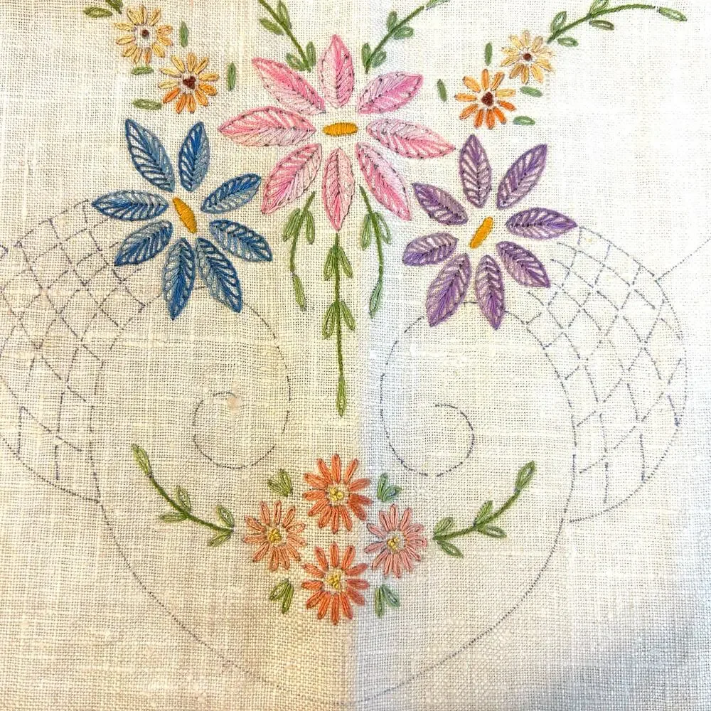 Vintage Prime Needleart Co #1085 Stamped‎ Linen Floral Runner Unfinished Project